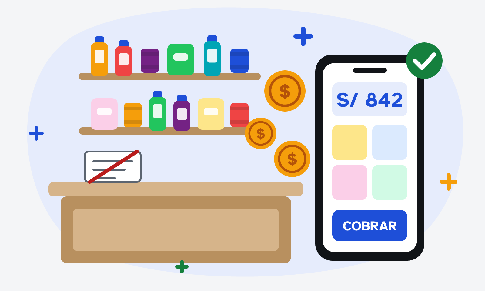Una bodega con sus productos y el celular cobrando con MiCaja360
